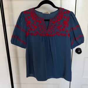 Savanna Jane Blue Blouse with Red Embroidery
